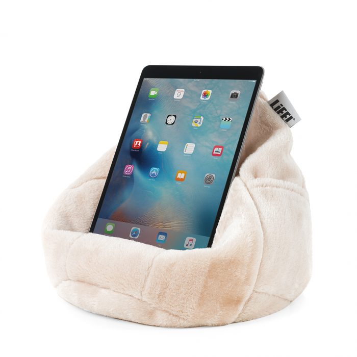 Table or iPad shown nestled in the pale pink blush faux fur iCrib bean caddy.