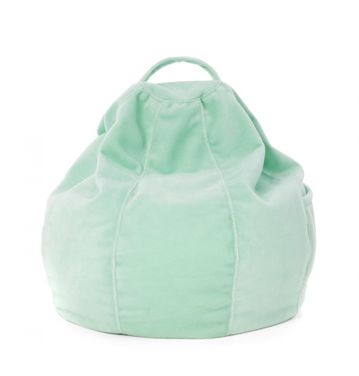 Mint green fuzzy iCrib tablet bean bag showing cushion shape and handle