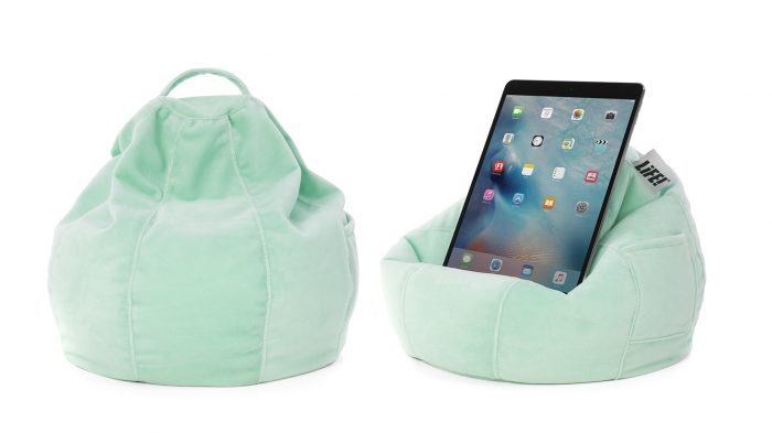 Mint green velour iCrib showing the bean filled bean bag cushion's shape and how it holds a mobile device, iPad, table or smart phone so you can use it hands free.