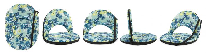 The leaf tropical print cushion recliner chair from the front and sides and also showing it laying flat with carry handle ready for easy transport