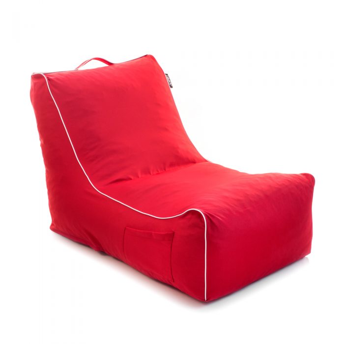 Red coastal lounge showing the storage pocket, carry handle and white contrast piping