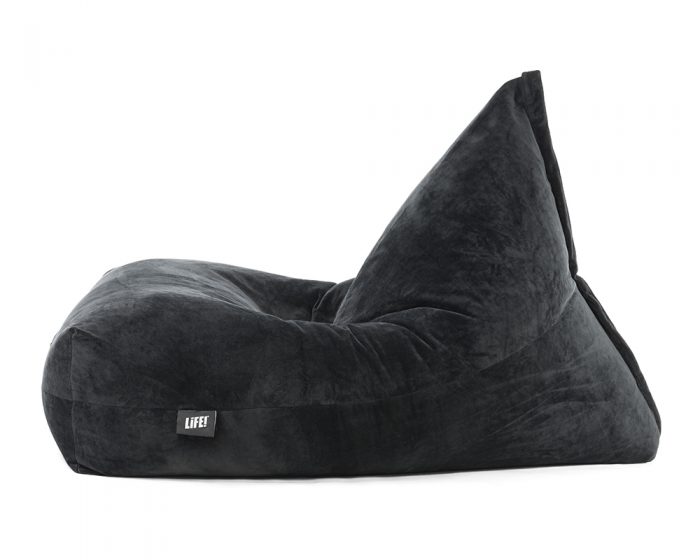 Side view of the slate grey velvet luna lounge shaped bean bag