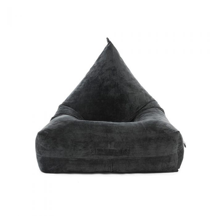 front view of the slate grey velvet luna lounge shaped bean bag