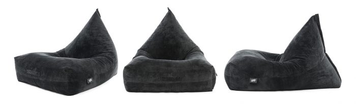 Front, oblique and side views of the slate grey velvet luna lounge shaped bean bag