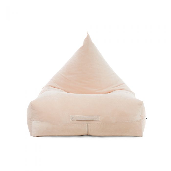 Front view of the peach pink velvet luna lounge shaped bean bag