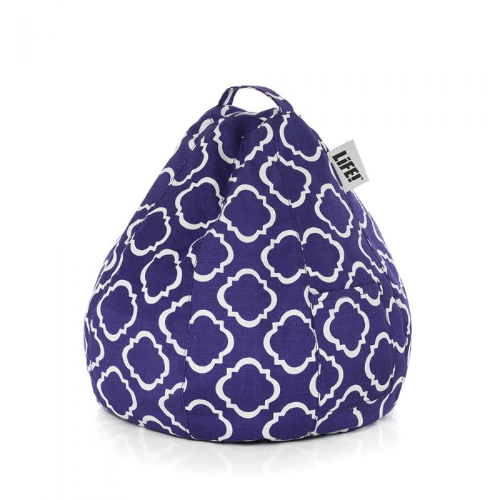 A purple violet iCrib with white geometric print showing the carry handle and storage pocket