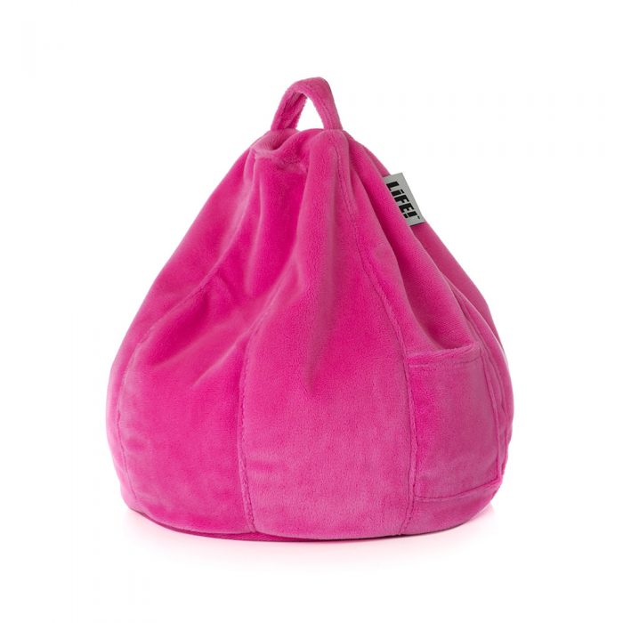 A bright pink flamingo velvet iCrib showing the carry handle and storage pocket