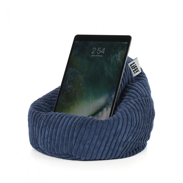 An iPad rests comfortably in the cordory catalina blue iCrib tablet stand book rest bean bag