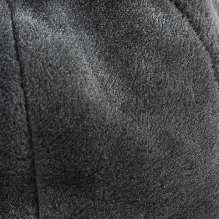 A close up of the grey charcoal faux fur