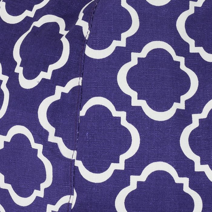 Close up of the purple violet fabric with the white geometric pattern