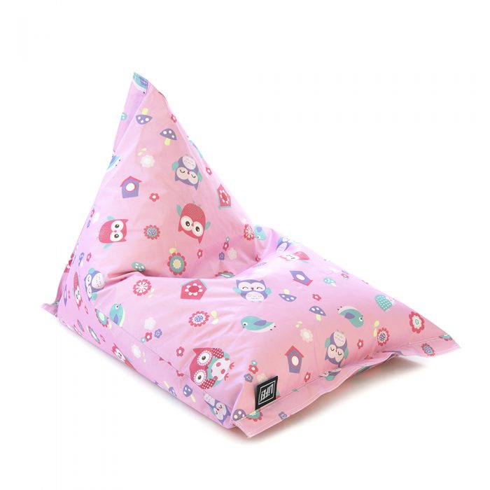 A pink sunny boy shaped bean bag is featured with a playful floral design featuring owls.