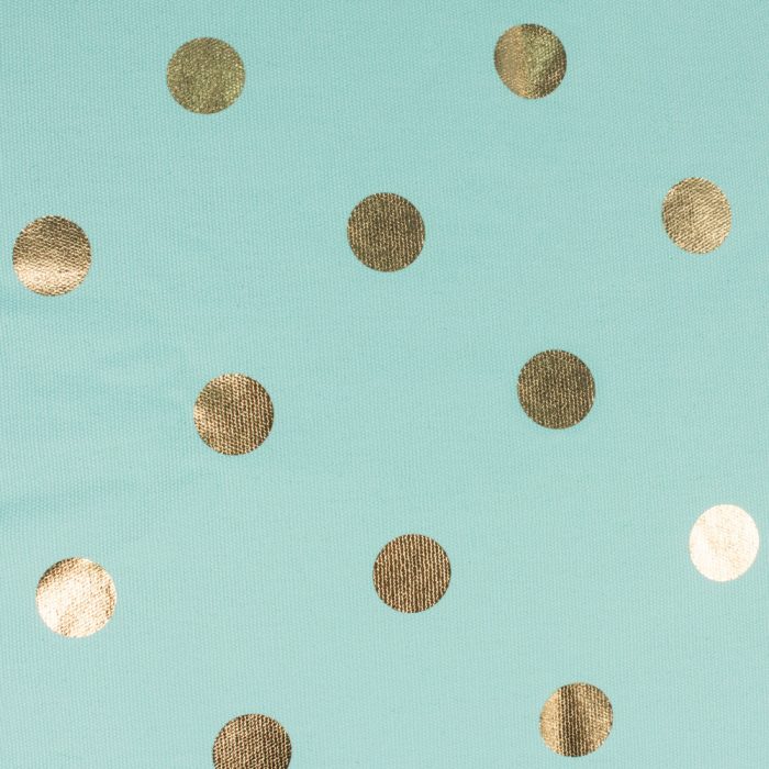 Close up of the metallic gold coin dot spot print on turquoise powder blue fabric