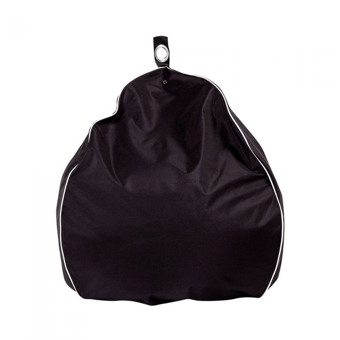 Black outdoor patio teardrop bean bag with white contrast piping trim