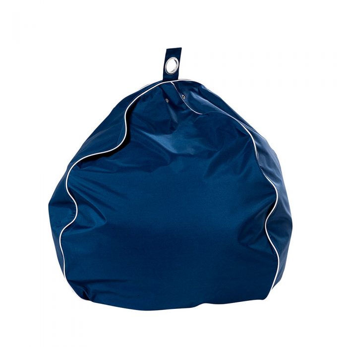 Blue outdoor patio teardrop bean bag with white contrast piping trim