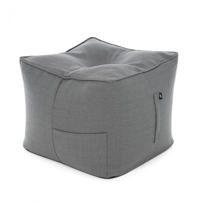 Grey linen look ottoman showing the storage pocket and handle