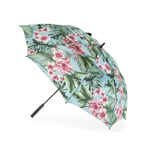 The bermuda print rain umbrella show open from the side. The tropical print has pink hibiscus and frangipani on a blue base color.
