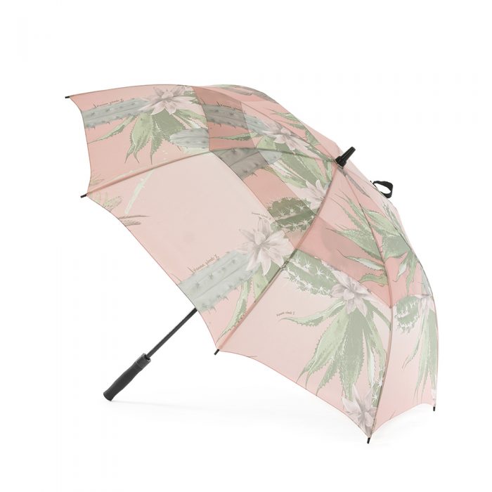 Kakteen print large rain golf umbrella shown open from the side. The print is soft green cactus and flowers on a pink background.