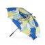 Tier print rain golf umbrella shown open from the side. The print is green, blue, yellow and white with black splotches.