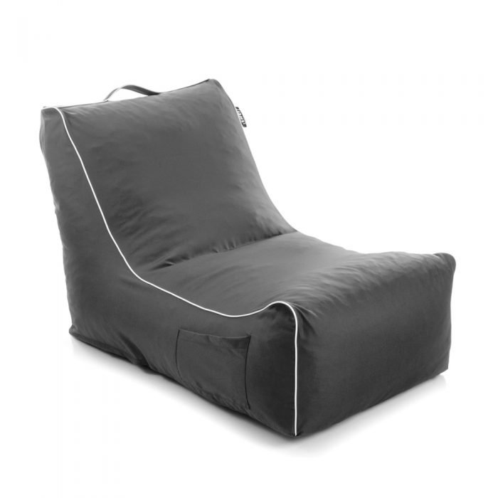 Oblique view of the stone grey coastal lounge bean bag showing the handy storage pocket and handle