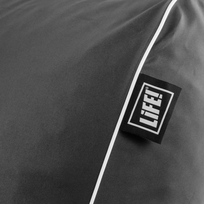 Close up of the life! logo on the tag of a stone grey coastal lounger bean bag showing the contrast white trim