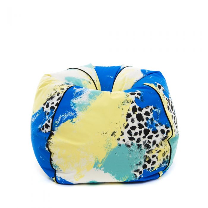 Tear drop shaped bean bag in bold abstract hand drawn designer tier fabric in green, blue, yellow and white with black splotches.