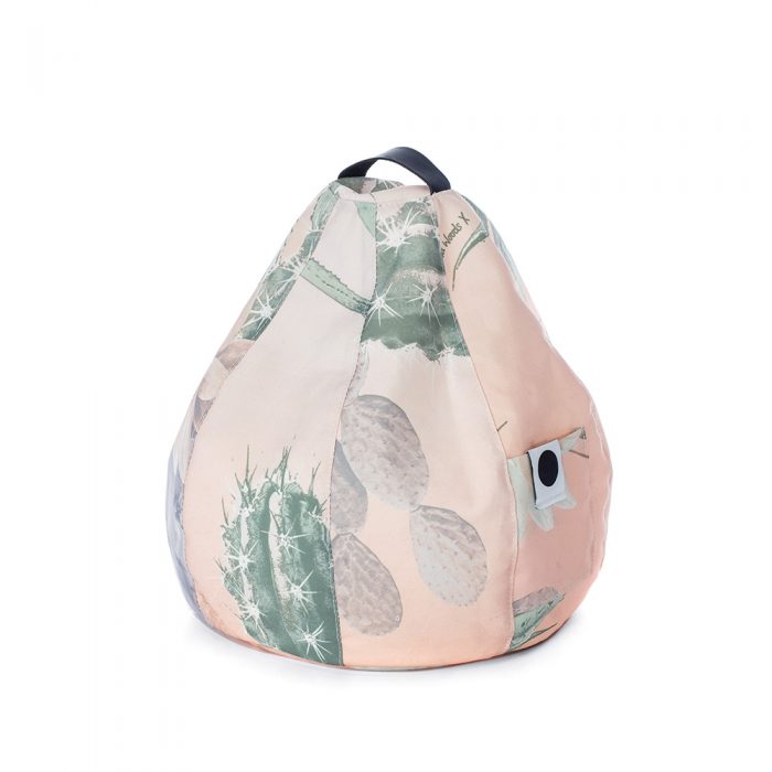 Pink and green hand drawn designer print bean caddy icrib table holder. Storage pocket and carry handle are shown.