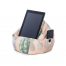 A tablet is resting in the pink and green kakteen print icrib bean caddy iPad holder with a mobile device in the storage pocket.