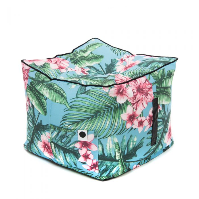 The tropical print belvedere bean filled ottoman showing the storage pocket and carry handle.