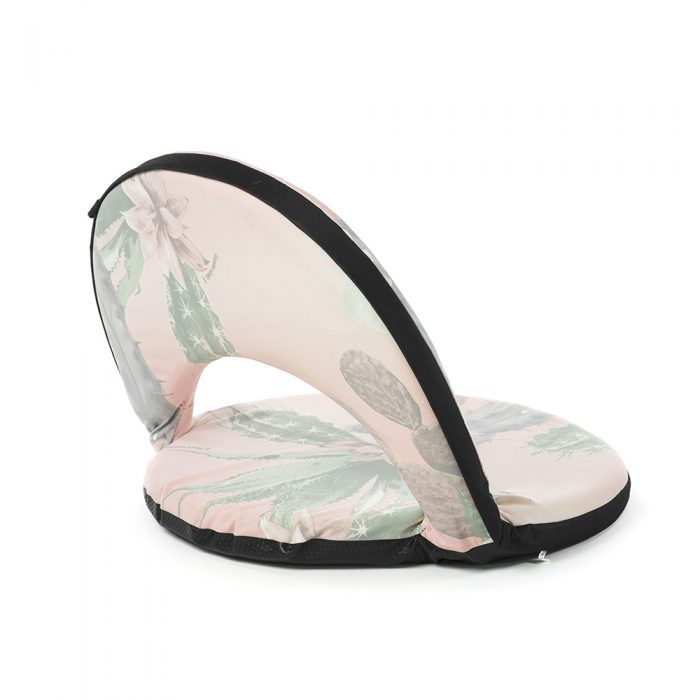 Oblique view of the pink and green kakteen cactus print portable cushion recliner low beach chair seat