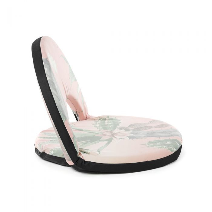Side view of the pink and green kakteen print cushion recliner portable low beach chair