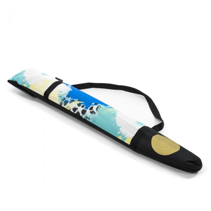 The bright contemporary designer print Tier UPF50+ sun beach umbrella in its handy carry case