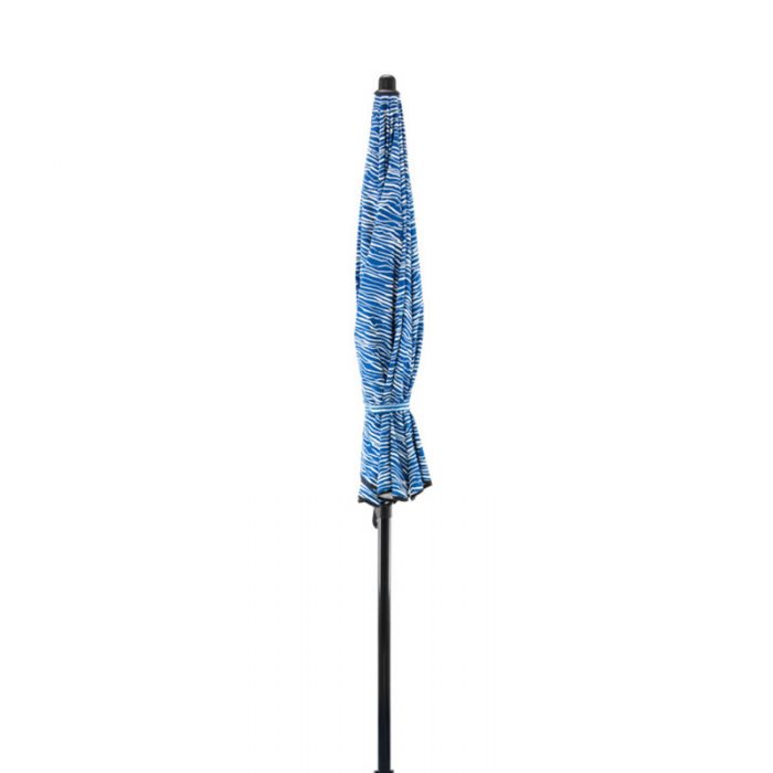 blue and white sun umbrella in the closed position