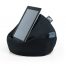 An tablet iPAd sits on a black icrib tablet holder iPad bean bag with a smart phone in the storage pocket