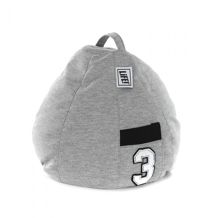 Grey jersey material iCrib tablet holder with handle and storage pocket with the number three appliqued on it