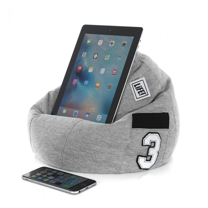 An iPad sits on a grey jersey iCrib with a number 3 applique on the storage pocket.