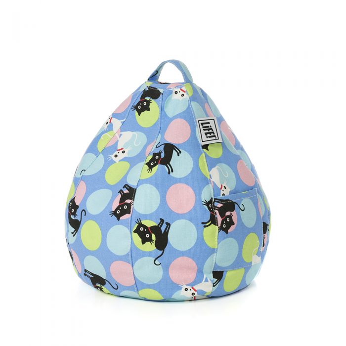 Pastel spots on cornflower blue iCrib bean bag with black and white cat print. Handle and storage pocket are visible.