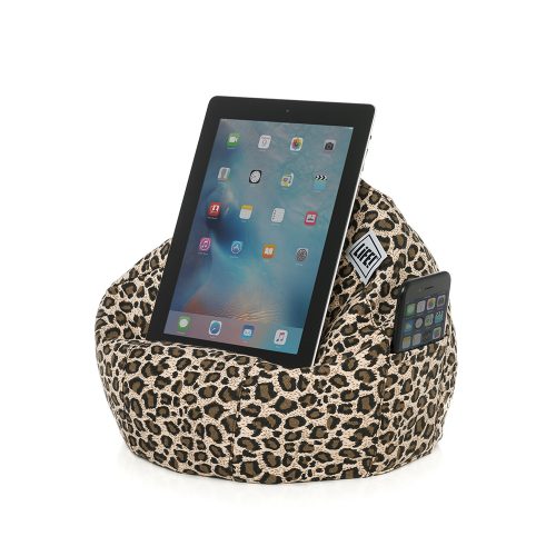 Tan animal leopard print iCrib with a iPad resting upon it. A mobile phone sits in the storage pocket. Can also be used for books, tablets, magazines and other portable devices.