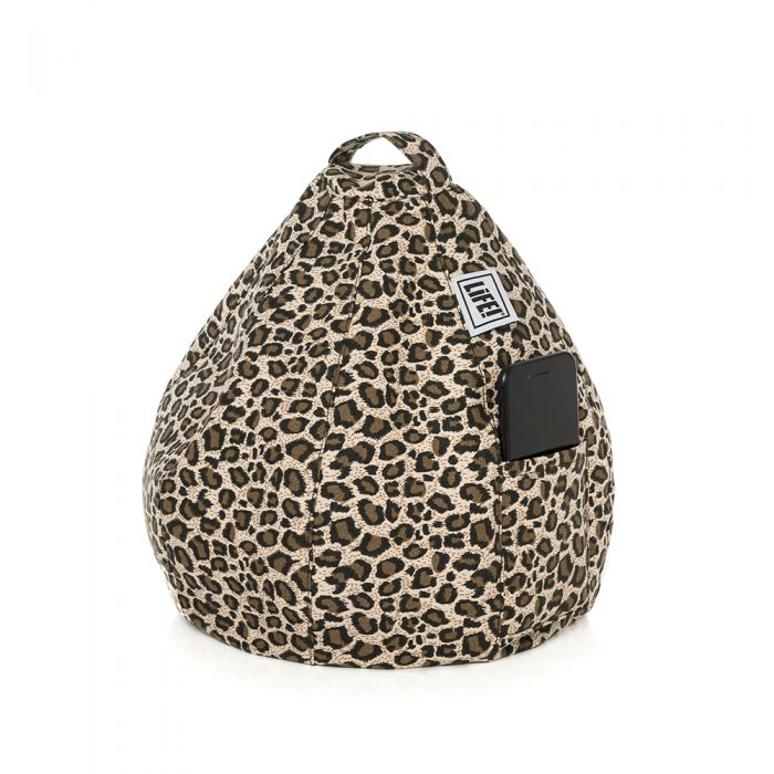 Brown tan leopard animal print iCrib with carry handle and a mobile phone in the storage pocket