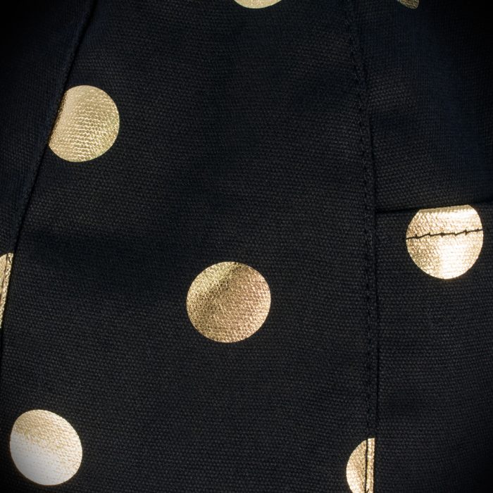Close up of the black fabric texture with the metallic gold coin print