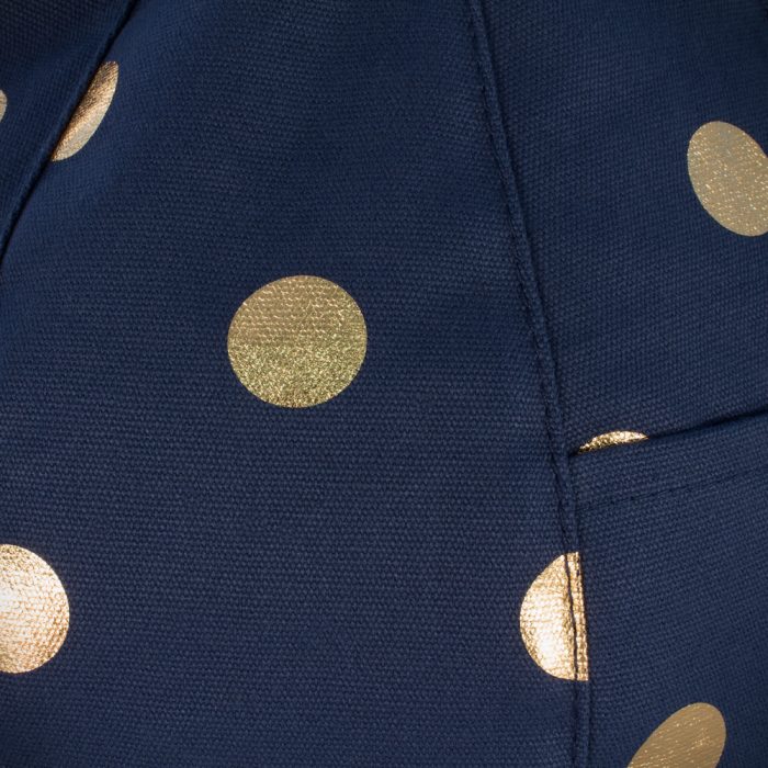 Close up of the dark blue iCrib fabric with the metallic gold coin spot dot print