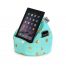 A tablet, iPad or mobile device sits securely on the iCrib tablet holder book rest iPad stand. Its powder blue turquoise with metallic gold coin spots