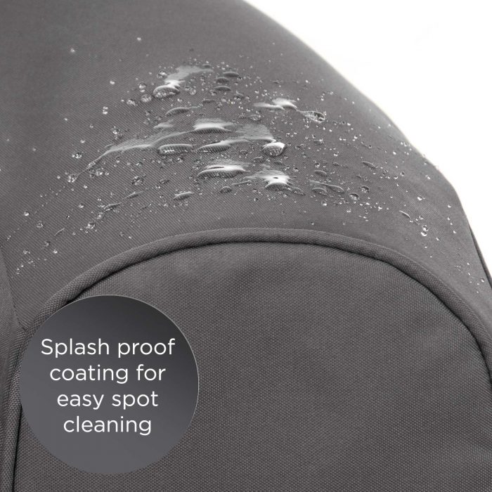 Close up of the splash proof coating on the castle rock grey pop lounge foam armchair