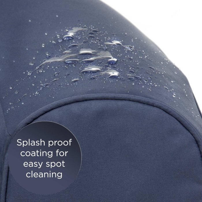 Close up of the splash proof coating on the crown blue adult pop lounge foam armchair