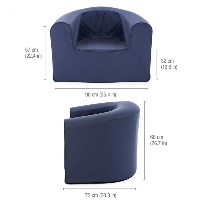 Image shows the dimensions of the adult crown blue pop lounge foam archair