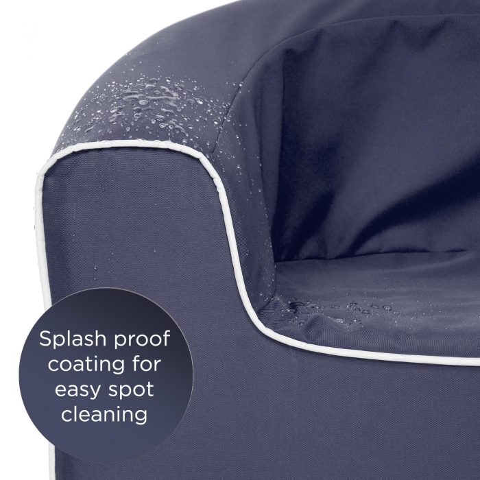 Close up of splash proof coating on the kids crown blue pop armchair foam seat