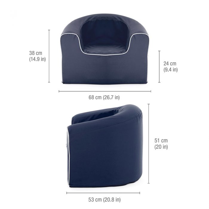 Image shows the dimensions of the kids crown blue pop armchair kids seat