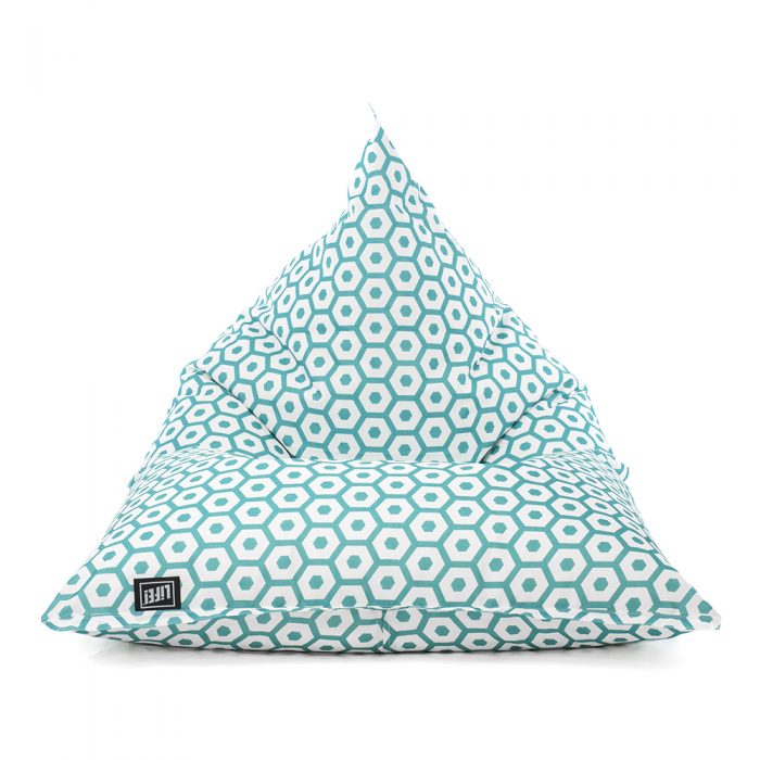 Front view of the sunny boy bean bag in green mint geometric print pattern