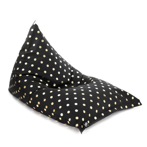 Oblique view of the sunny boy shaped bean bag made with black material and gold coin dot spot print