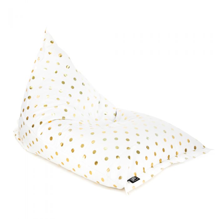 Oblique view of the sunny boy shaped bean bag made with white material and gold coin dot spot print
