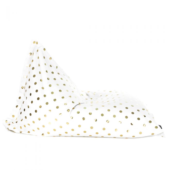 Side view of sunnyboy bean bag in white material with metallic gold dot spot print
